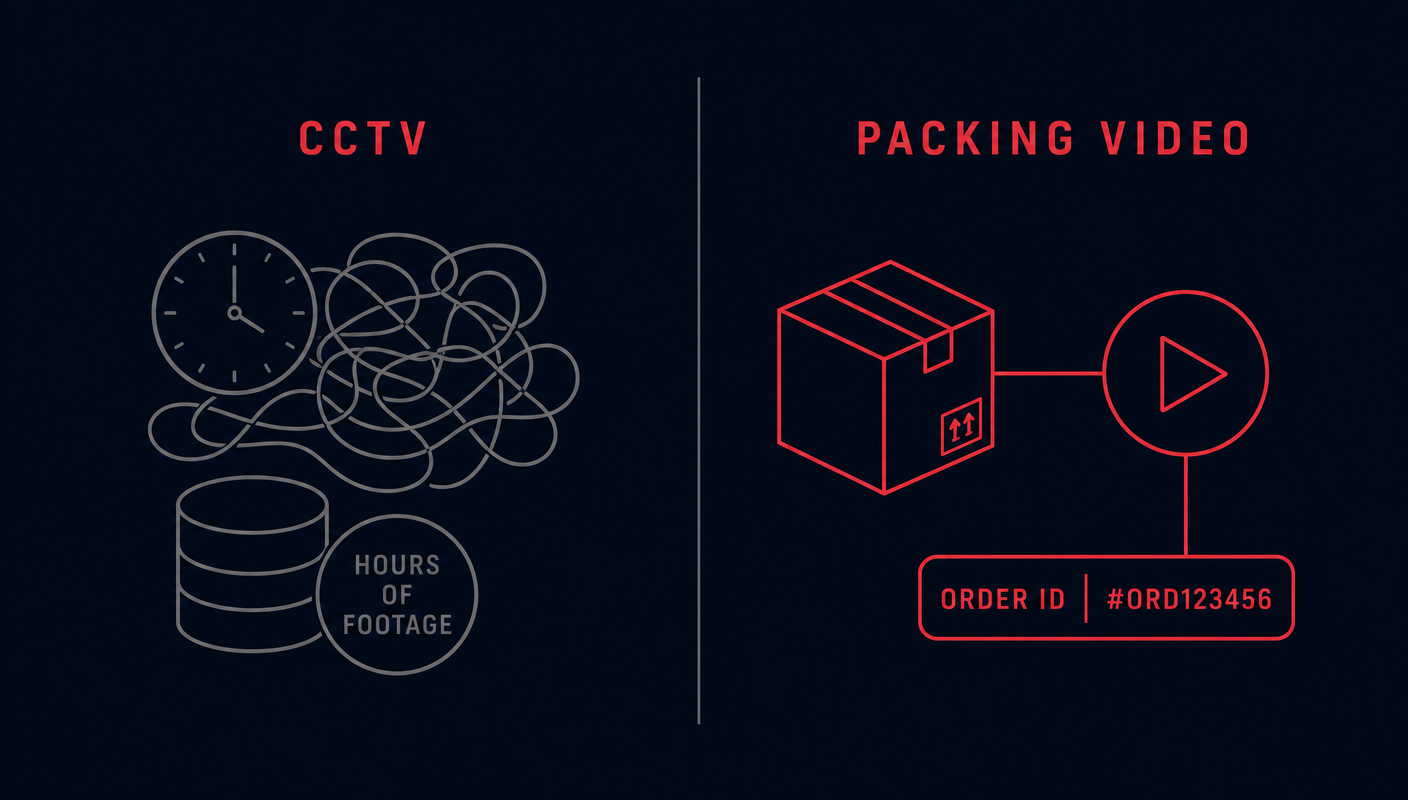 Srovnání CCTV a RETURO Packing Video propojeného s Order ID